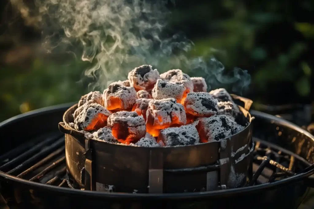 Charcoal briquettes glowing with white ash inside a BBQ grill chimney starter