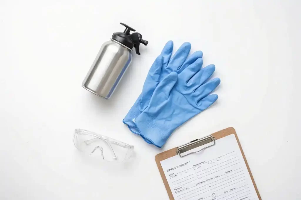 Petugas jasa anti rayap Palembang memeriksa dinding rumah menggunakan senter secara profesional