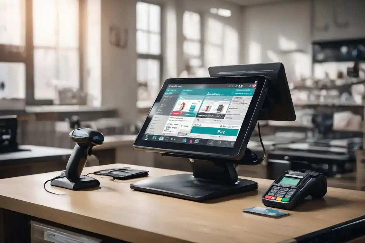 Ilustrasi teknologi point of sale retail pada meja kasir toko dengan layar sentuh dan perangkat pembayaran digital modern